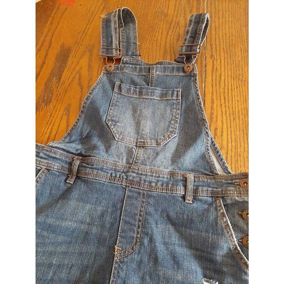 Jr Junior Size 11 True Craft Denim Overall Shorts Romper Blue Jean Distressed - Picture 3 of 5